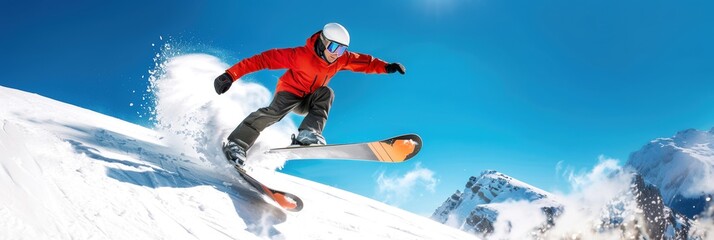 A skier in a red jacket performing a jump on a snowy mountain slope with a clear blue sky background.