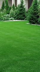 Obraz premium Tall evergreen trees line the edge of a vibrant green lawn under a clear blue sky, creating a serene and inviting outdoor space next to a contemporary house