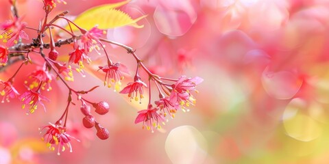 Fototapeta premium Japanese Maple in Spring with Elegant Red Leaves and Delicate Corymbs of Flowers Pink and Yellow Papery Wings Fruit with Shallow Depth of Field