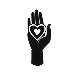 Obraz premium Hand with heart vector icon, flat design, white background, simple minimalistic style, logo style, black and White color, high resolution.