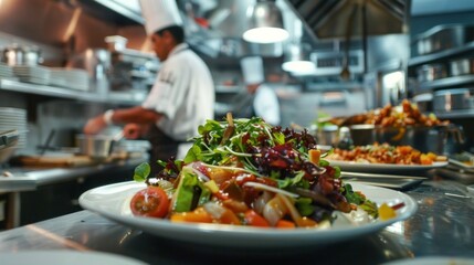 Close Up of a Salad in a Restaurant Kitchen