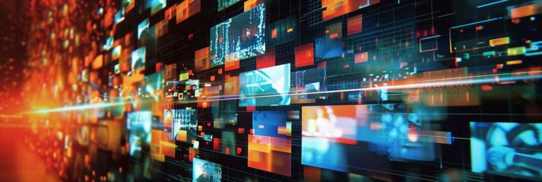 Futuristic digital landscape with vibrant, glowing data blocks and streaming information creating a dynamic, interconnected network in cyberspace.