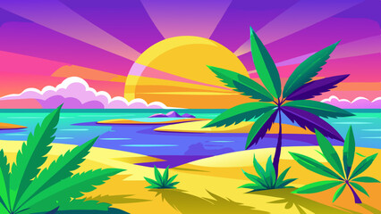 A vibrant and surreal beach scene, featuring large marijuana leaves growing naturally from the sand, vector illustration 