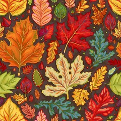 Autumn leaves pattern. Falling leaf seamless background with Oak, maple, chestnut, linden, aspen, walnut and rowan foliage in cartoon style. Autumn mood forest print for textile or wrapping paper.