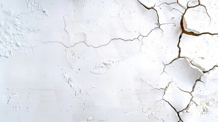 Fototapeta premium Close-up of a textured cracked white wall conveying age and wear, perfect for backgrounds, DIY projects, or construction themes.