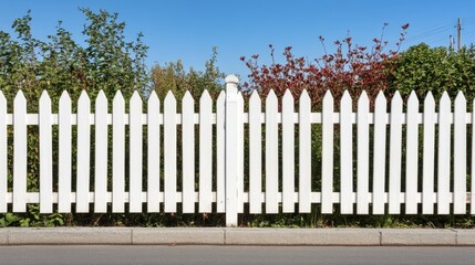 A vibrant blue sky filled with fluffy clouds looms over a pristine white picket fence amidst lush greenery