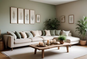 A modern and cozy living room with a large white sectional sofa, a wooden coffee table, and various decorative elements such as plants, candles, and framed artwork on the walls