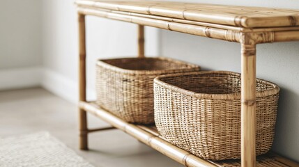 Rustic bamboo console table with woven baskets in an entryway bamboo furniture country style