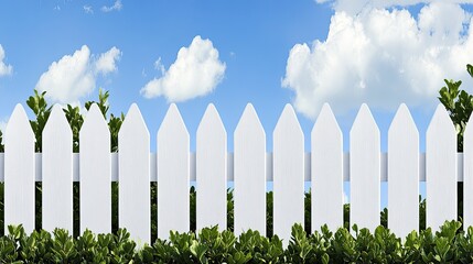 A vibrant blue sky filled with fluffy clouds looms over a pristine white picket fence amidst lush greenery