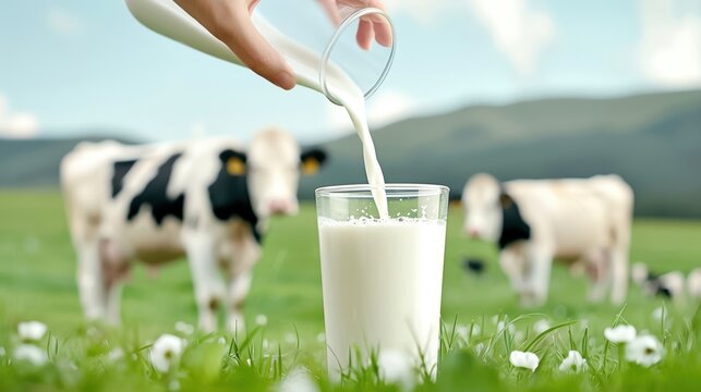 Fresh milk being poured into a glass on a grassy field with cows in the background, showcasing farm life and dairy production in a natural setting.