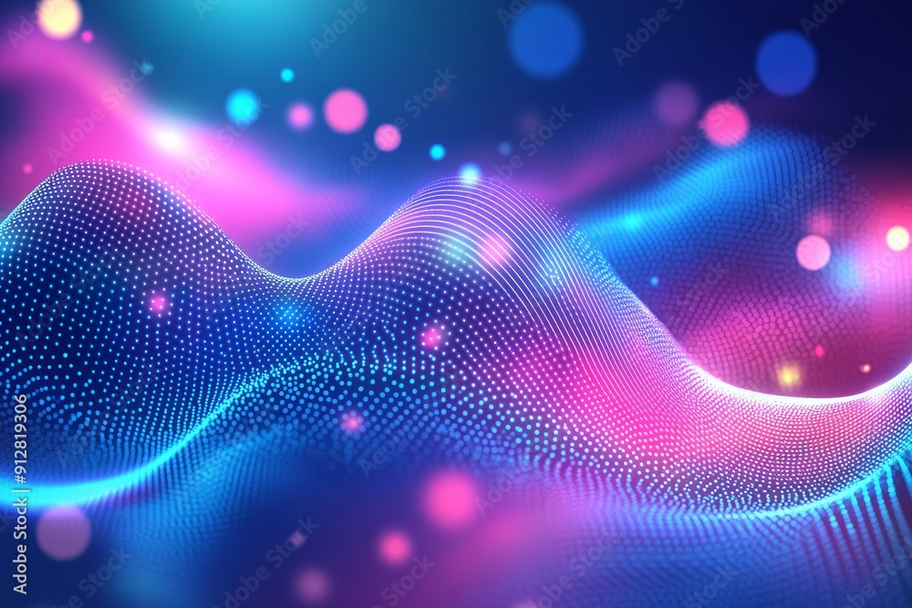 Poster abstract technology background with colorful bokeh and digital line dots.