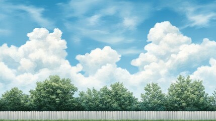 A vibrant blue sky filled with fluffy clouds looms over a pristine white picket fence amidst lush greenery