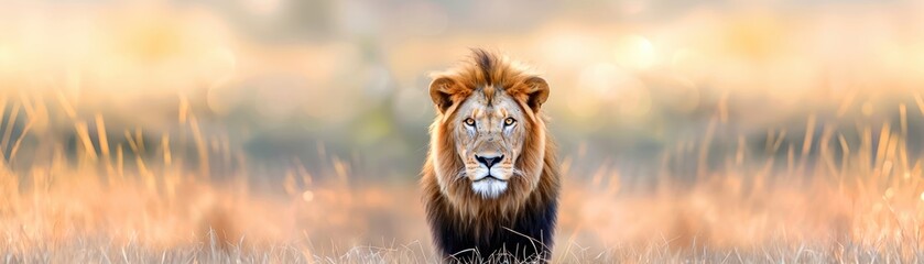 Fototapeta premium Majestic lion in natural habitat with a blurred background. Perfect for wildlife, nature, and animal photography collections.