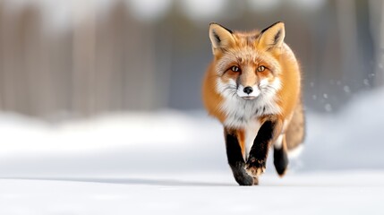Fototapeta premium Majestic red fox running through snow-covered forest, showcasing natural beauty and grace in a winter landscape.