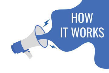 how it works button, banner, label, template for website. how it works text with colorful megaphone icon
