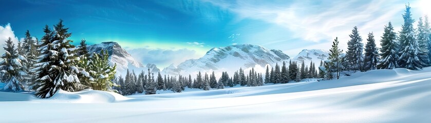 Fototapeta premium Panoramic view of a snow-covered forest with mountains in the background under a clear blue sky, capturing the serene winter landscape.