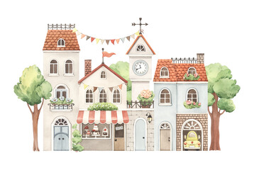 Cute town with candy store, watercolor isolated illustration with houses, trees and flowers. Children colorful hand drawn poster. © Nikole