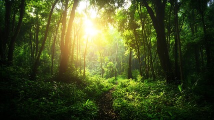 Obraz premium Sunbeams Through Dense Rainforest Canopy