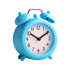 A blue alarm clock with a white face and black hands isolated on transparent background cutout, PNG file
