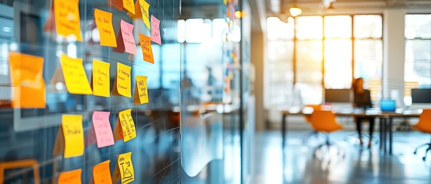 Office with sticky notes on window and a person working at desk, representing brainstorming or project planning in a modern work environment.