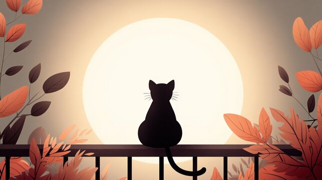 A black cat sitting on a fence with a full moon in the background surrounded by autumn foliage and a space in the foreground for text