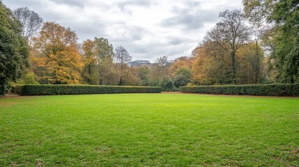 Fototapeta premium A serene garden features meticulously arranged greenery, colorful plants, and winding paths under a clear sky, inviting relaxation and exploration
