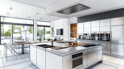 CAD design of a kitchen layout, interior design setting Detailed and stylish, efficient and practical, home improvement planning