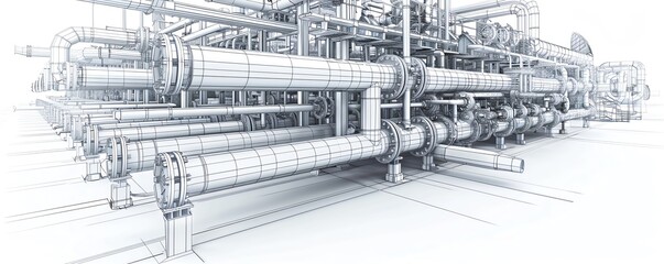 CAD drawing of a complex piping system, industrial setting Accurate and detailed, robust and reliable, mechanical engineering