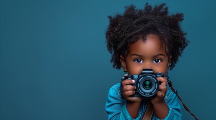 Fototapeta premium Young Child Holding a Camera With Curly Hair Against a Blue Background