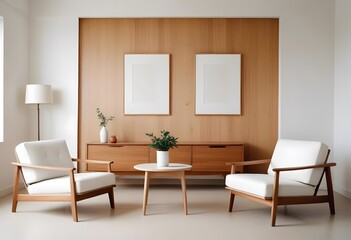 A minimalist living room with wooden blank canvas frame on the wall displaying a large white sofa, a round white ottoman, 