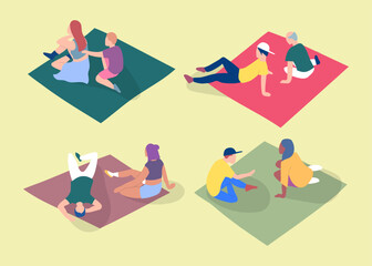 Cartoon Color Characters People on a Plaid Picnic Concept Flat Design Style. Vector illustration of Outdoor Summer Leisure