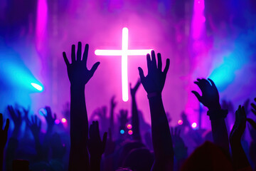 Christian people worshipers raising hands up in the air in front of the cross symbol. Spiritual devotion ceremony at church congregation for religious gathering in church. Religion concept