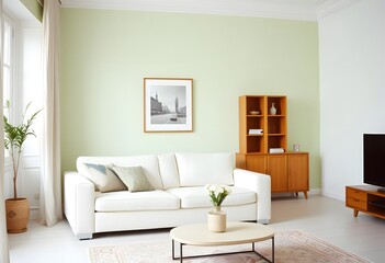 Fototapeta premium A white sofa with a small wooden table in front of it, with a vase of flowers on the table. The background is a plain white wall