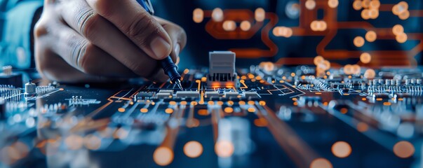 CAD technician drafting an electrical circuit layout, electronics workshop Detailed and accurate, essential and technical, electronic engineering