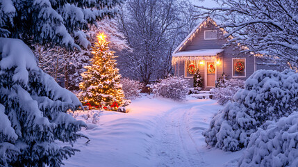A picturesque scene of a snow-covered front yard with a decorated Christmas tree visible through the window, and holiday lights illuminating the house, evoking a warm and inviting feeling of 