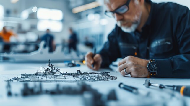 CAD technician creating a ship hull design, marine engineering studio Precise and robust, innovative and detailed, maritime design