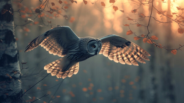 lechuza en vuelo en un bosque