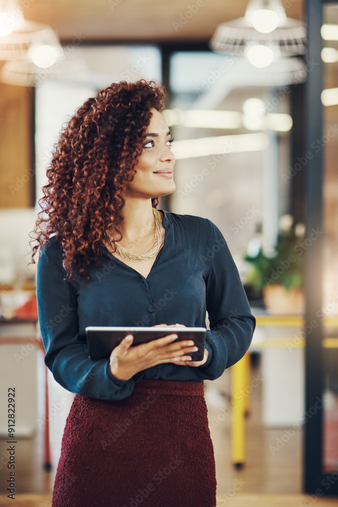 Aufkleber tablet, idea and creative business woman in office, research or internet browsing. thinking, smile o