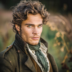Fototapeta premium A young man with wavy brown hair, piercing eyes, and a rugged outfit stands against a blurred natural background, evoking a vintage, adventurous feel ideal for historical narratives