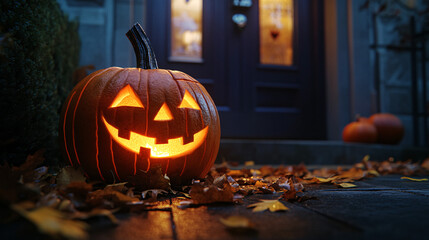 A beautifully carved pumpkin with a detailed face, lit from within and placed on a doorstep surrounded by autumn leaves, showcasing the classic Halloween decoration for the Halloween Celebration 