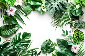 Fototapeta premium Fresh tropical leaves and flowers framing a blank white space, ideal for a natural and vibrant background or template.