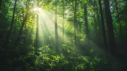 Fototapeta premium Sunbeams Through Dense Green Forest