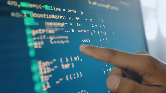 screen with programming language code and index finger. Blurred desktop elements are visible in the background.
Concept: Programming, software development,