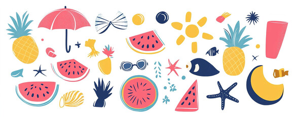 Tropical Bitmaps: Hand-Drawn Abstract Summer Motifs Vector Set, Ready for Trendy and Colorful Artwork Creations