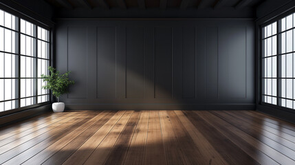 Obraz premium Empty room with black wall background wooden floor, Living room