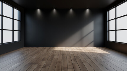 Obraz premium Empty room with black wall background wooden floor, Living room