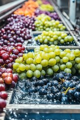 Grapes on conveyor belt with water in factory washing process