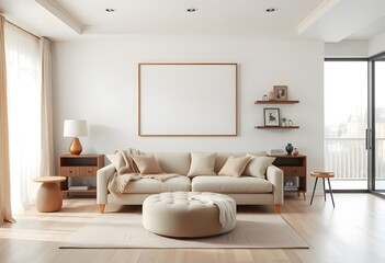 A minimalist living room with wooden blank canvas frame on the wall displaying a large white sofa, a round white ottoman, 