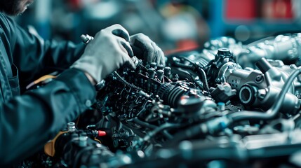 Mechanic performing an engine tuneup, highperformance car setting Precise and advanced, efficient and powerful, vehicle optimization