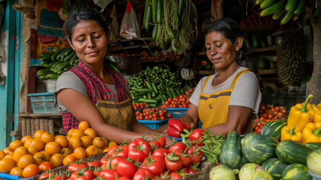 Two women arranging fresh vegetables at a vibrant market stall